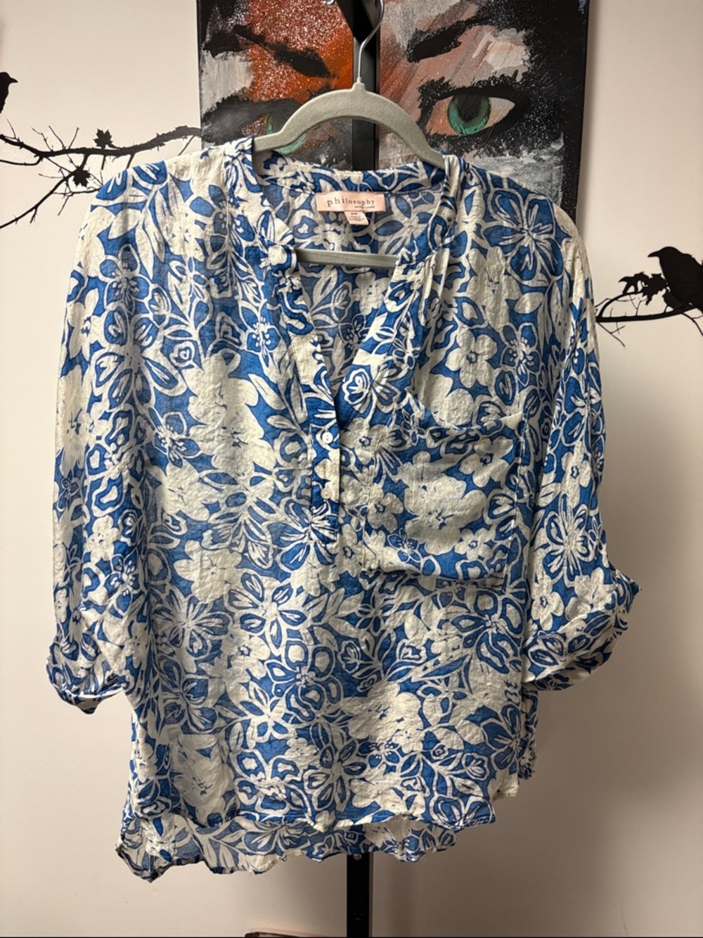 Philosophy Blue and White Floral Henley Blouse